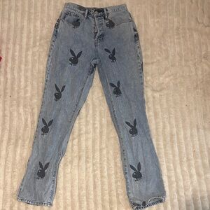 PLAYBOY Blue Jeans with Black Bunny Print